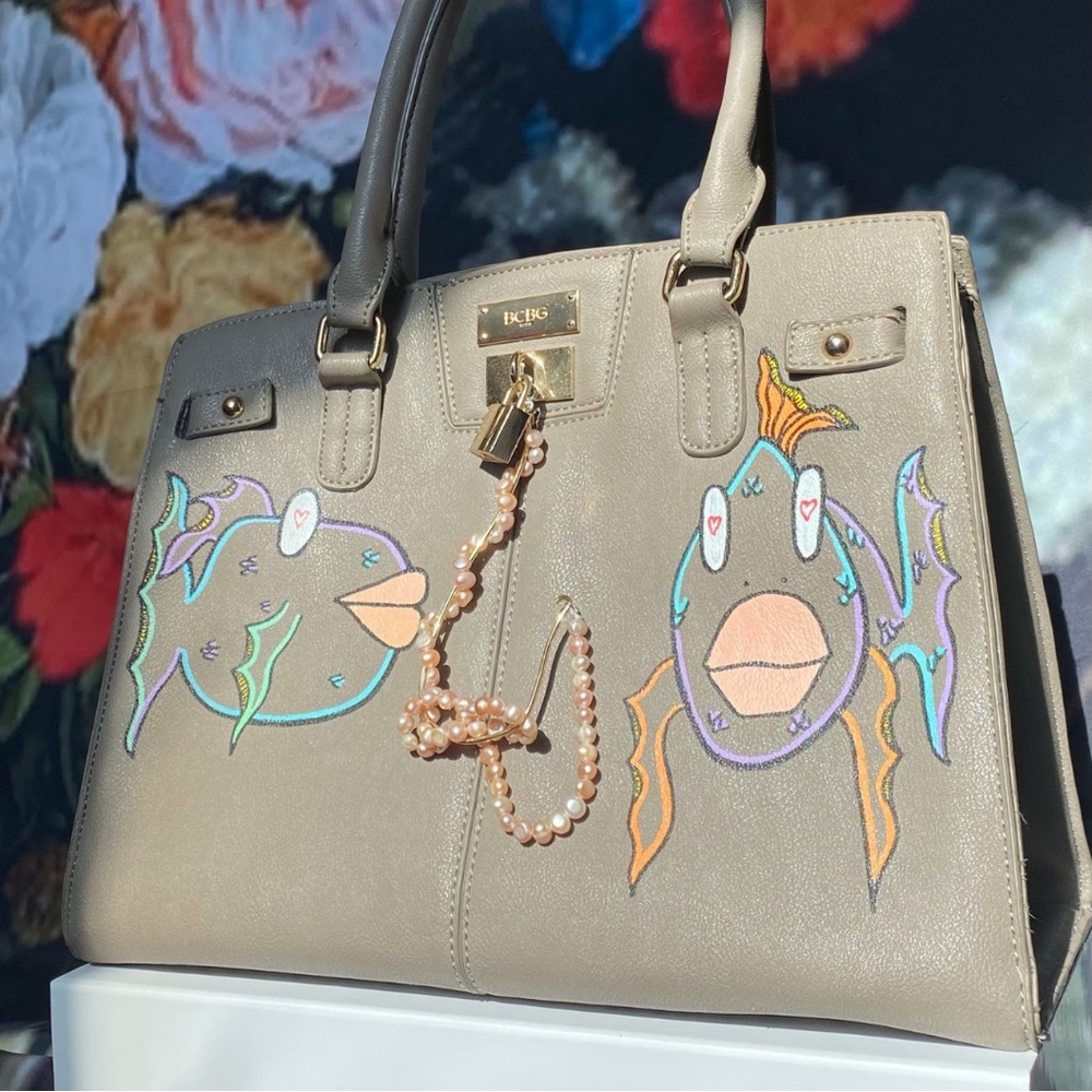 VanRahDesign hand painted BCBG purse with lock —Painting “Off the Hook”